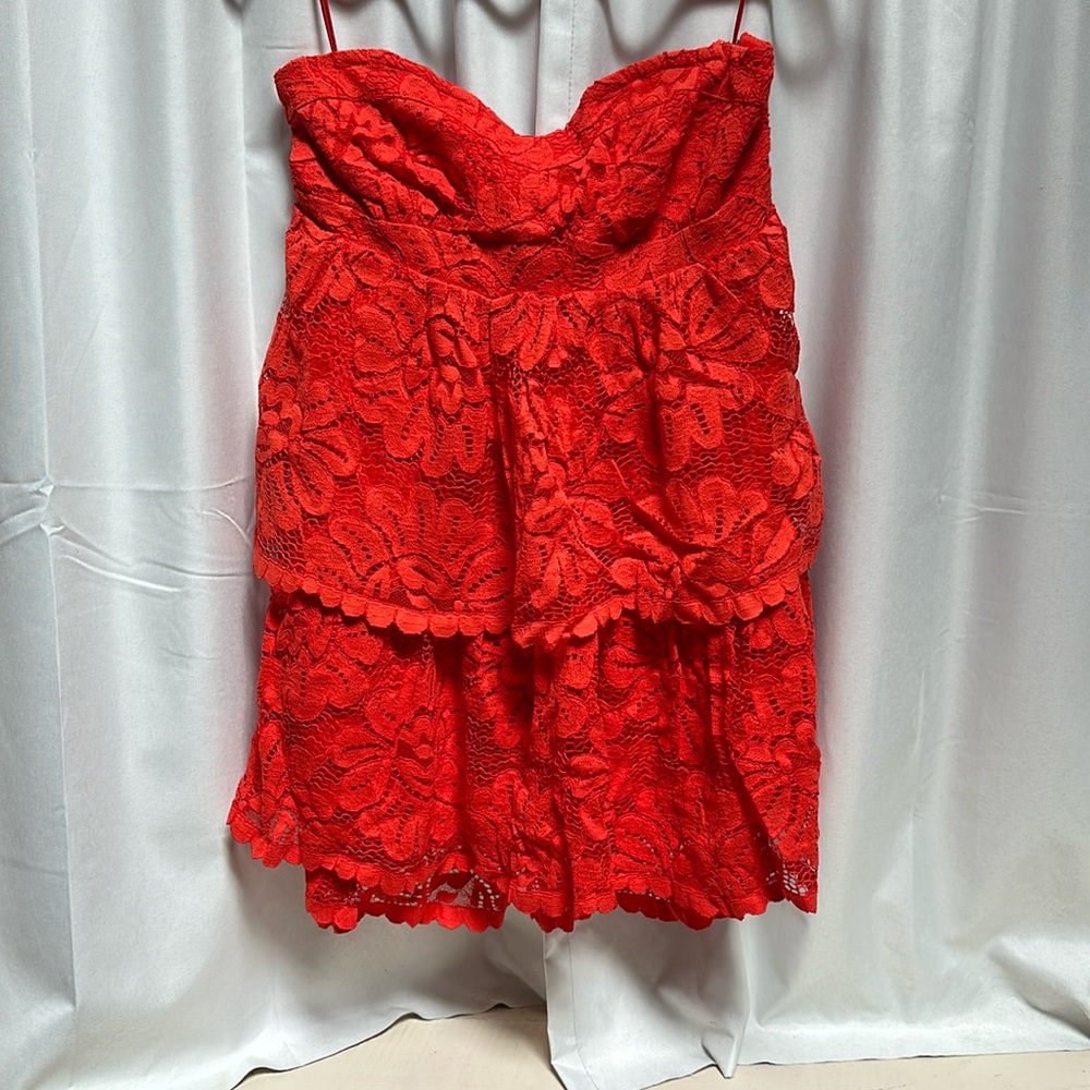 NWT Maeve Anthro red corded lace mini dress, size large sweetheart neckline